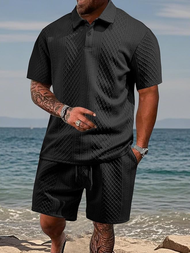 MANSSINO™ | Men's Textured Knit Polo and Shorts Set
