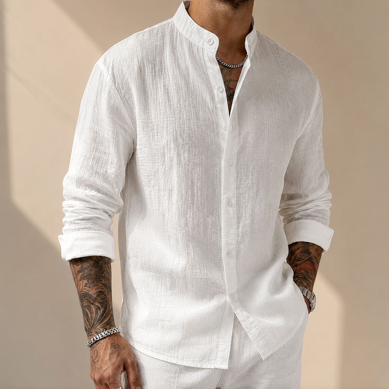 MANSSINO™ | Men's Linen-Blend Band Collar Shirt