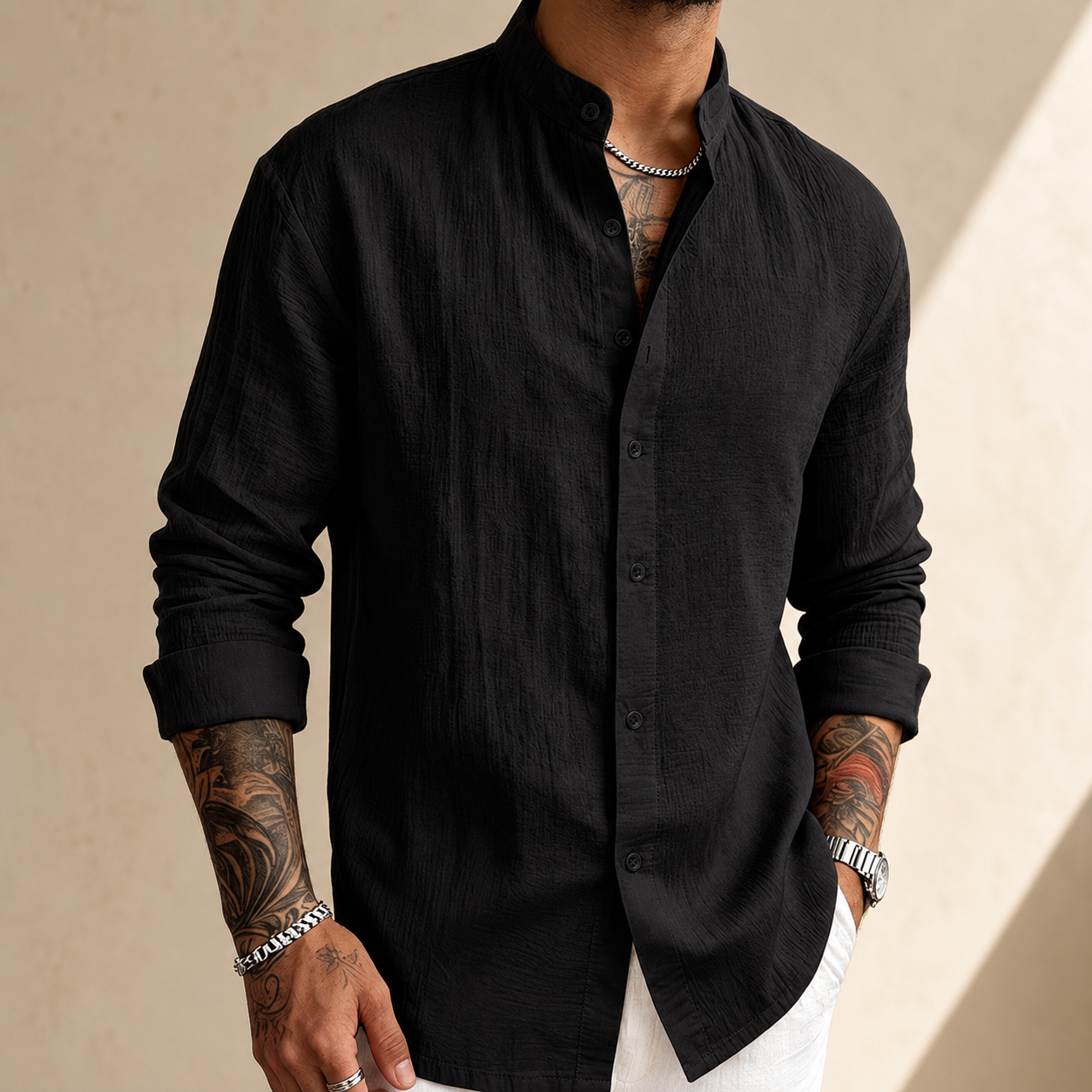 MANSSINO™ | Men's Linen-Blend Band Collar Shirt