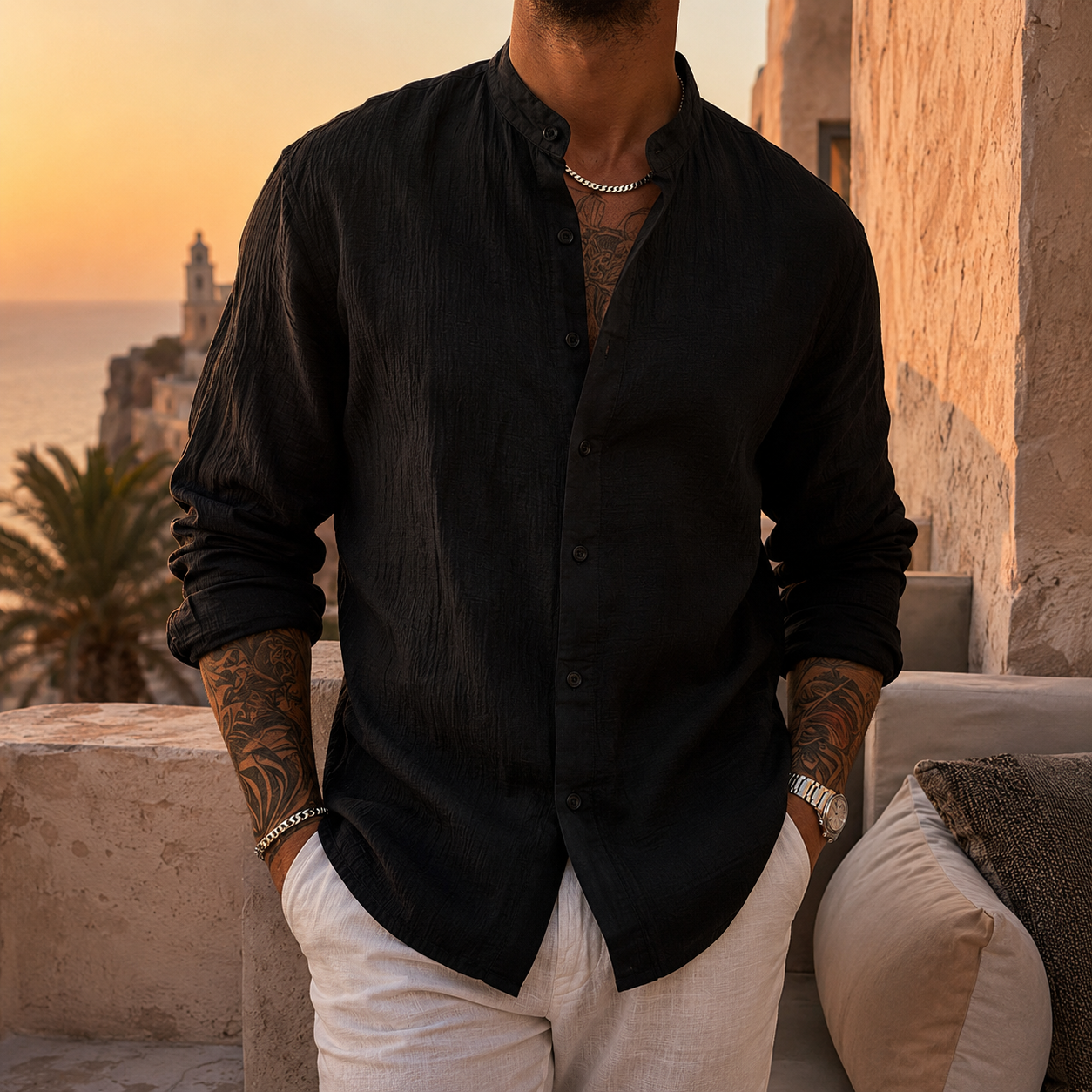 MANSSINO™ | Men's Linen-Blend Band Collar Shirt