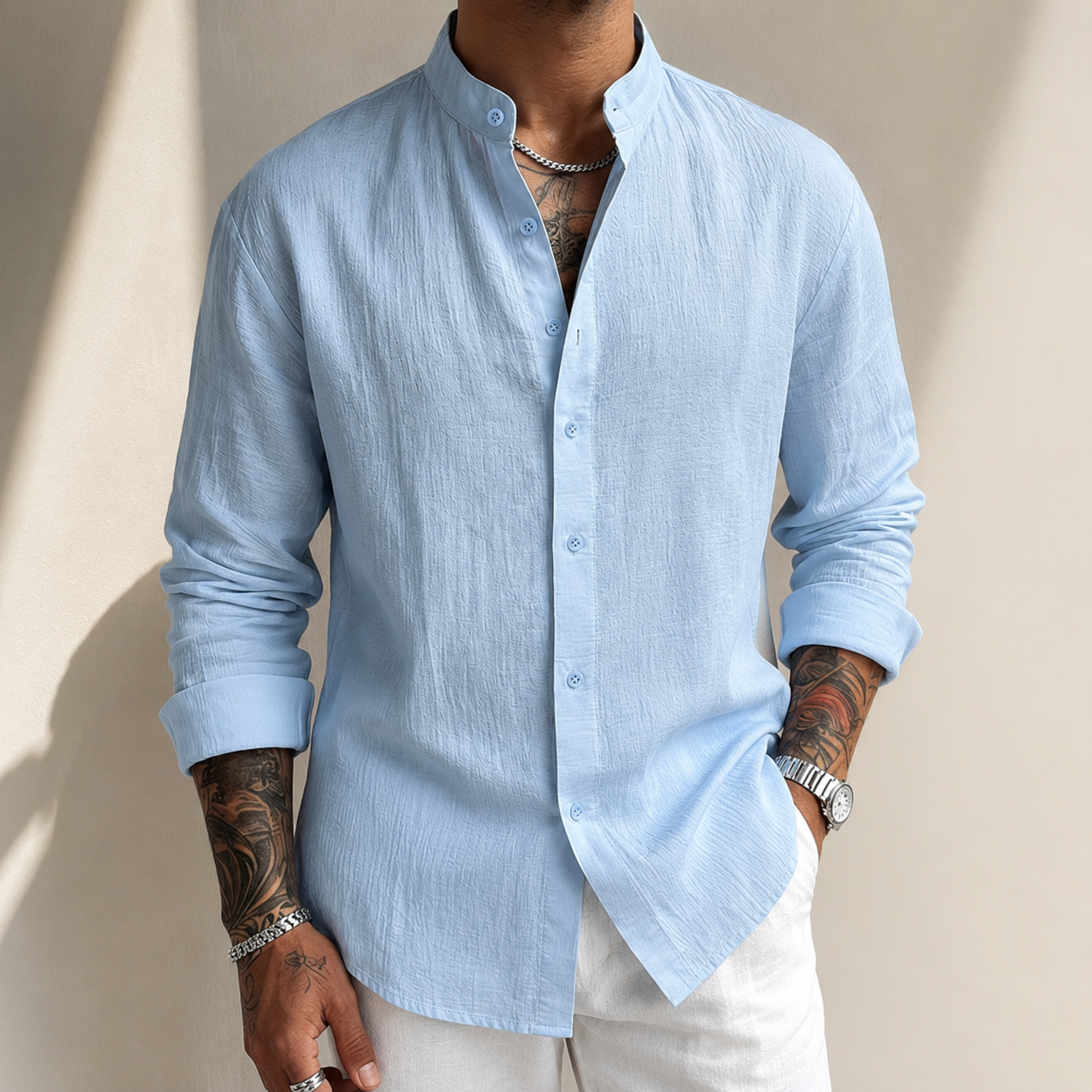 MANSSINO™ | Men's Linen-Blend Band Collar Shirt