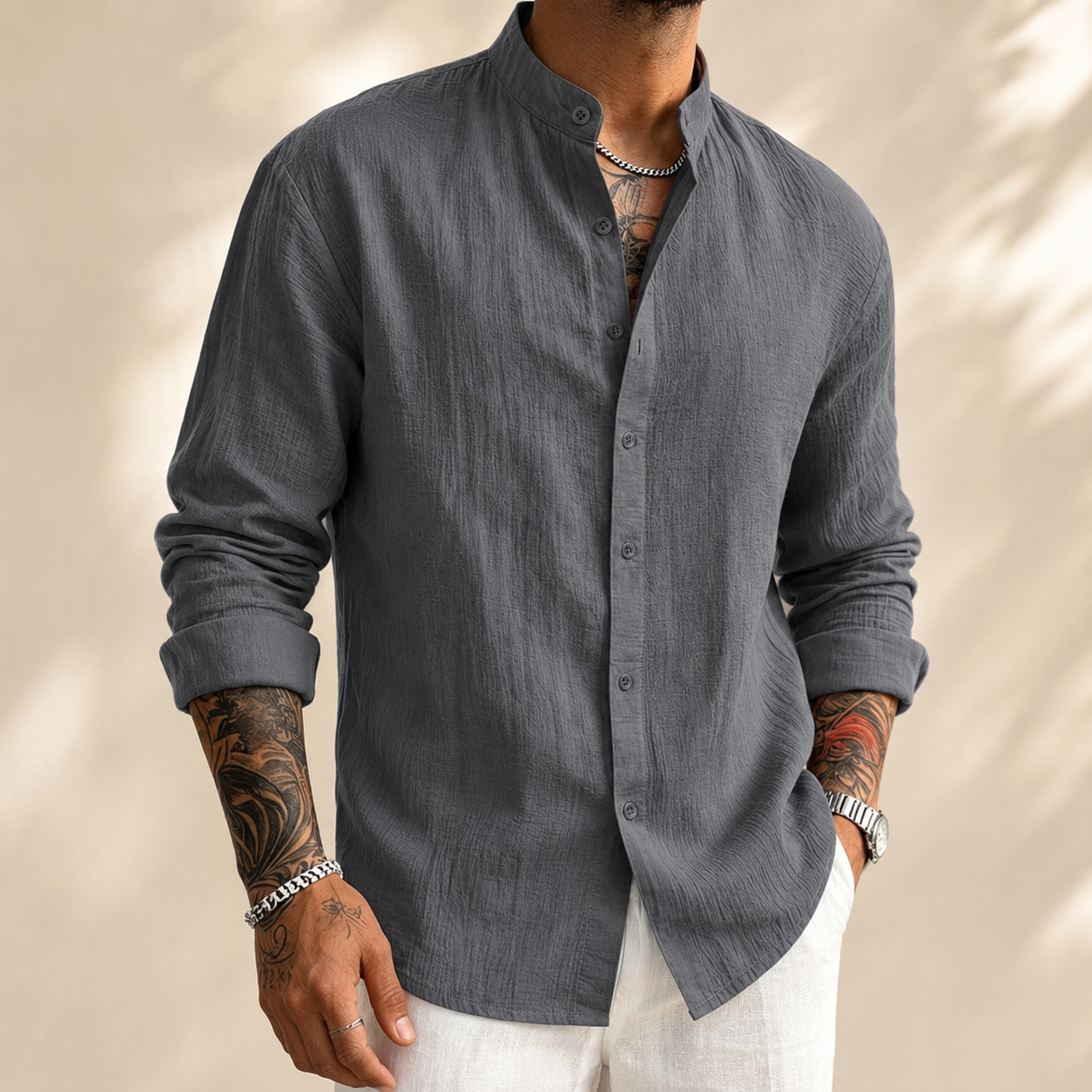 MANSSINO™ | Men's Linen-Blend Band Collar Shirt