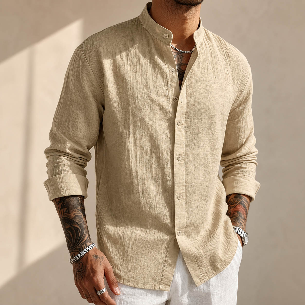 MANSSINO™ | Men's Linen-Blend Band Collar Shirt