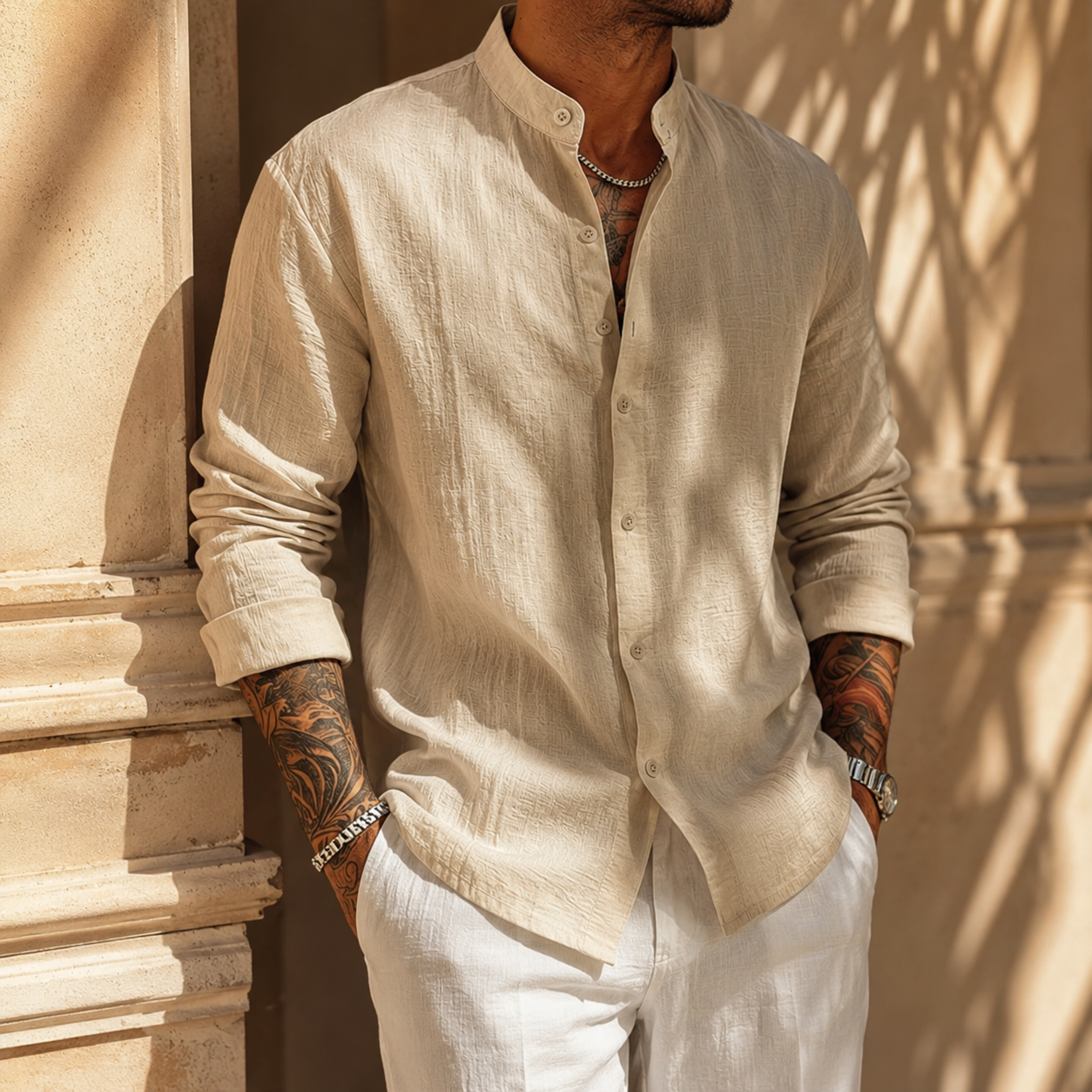 MANSSINO™ | Men's Linen-Blend Band Collar Shirt