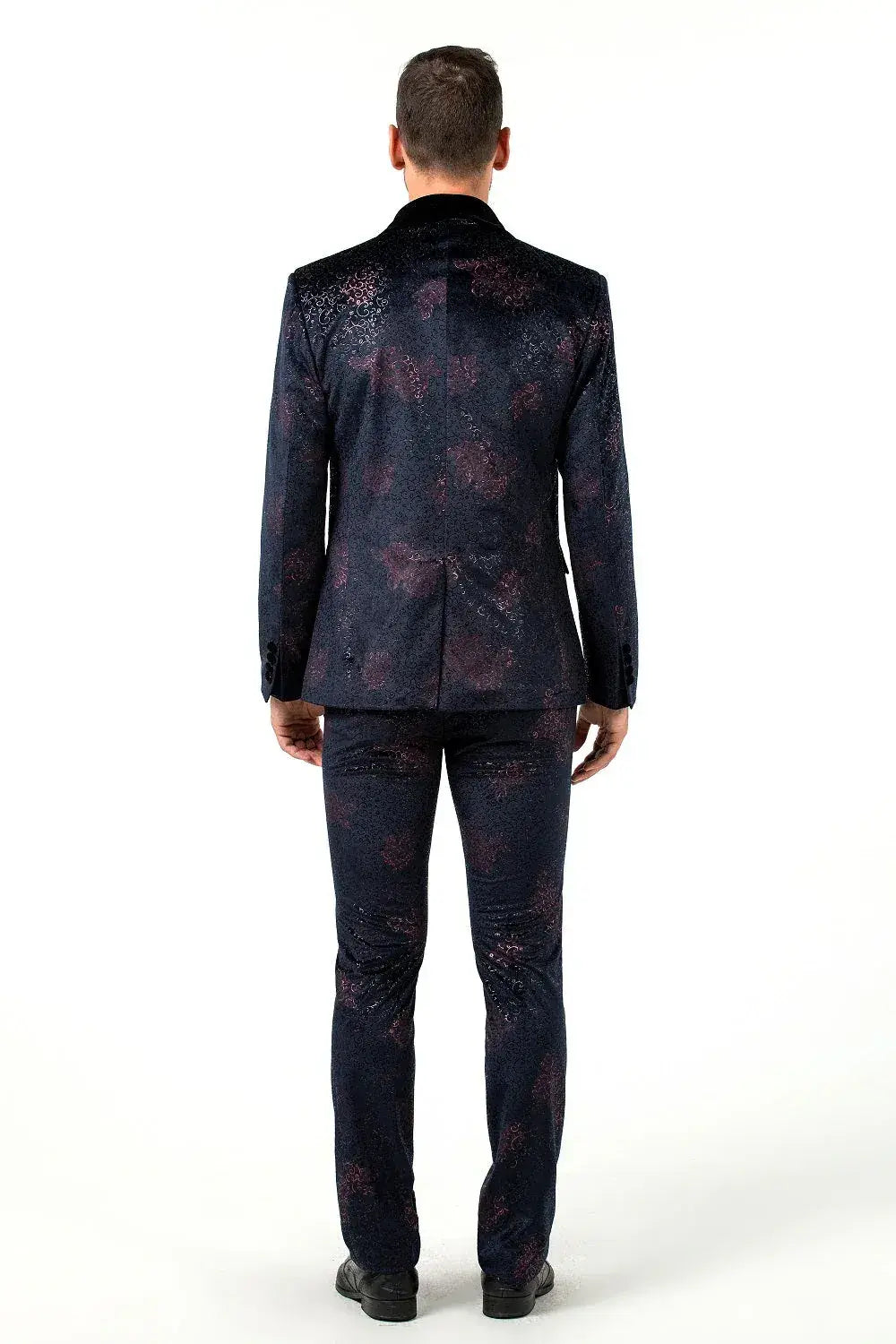 MANSSINO™ | Men's Navy Patterned Velvet 3-Piece Suit