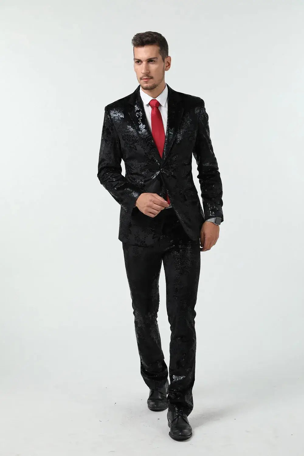 MANSSINO™ | Men's Black and Navy Floral Velvet 3-Piece Suit