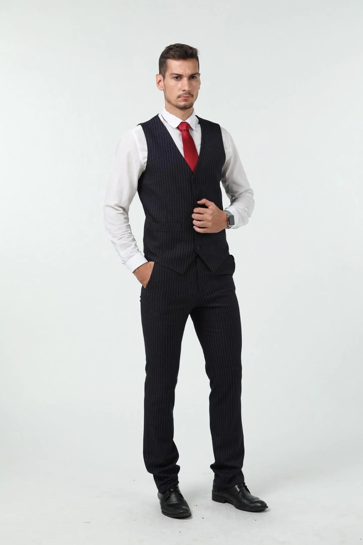 MANSSINO™ | Men's Peak Lapel Pinstripe 3-Piece Suit