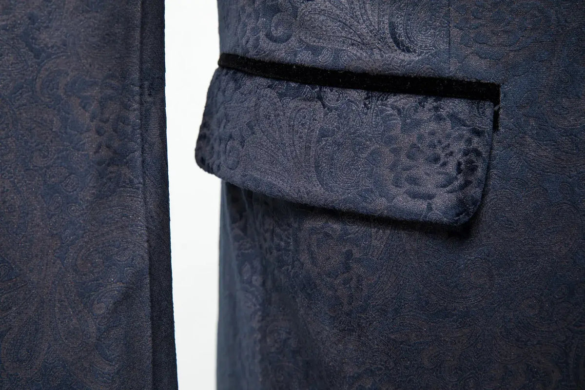 MANSSINO™ | Men's Navy Patterned Velvet 3-Piece Suit