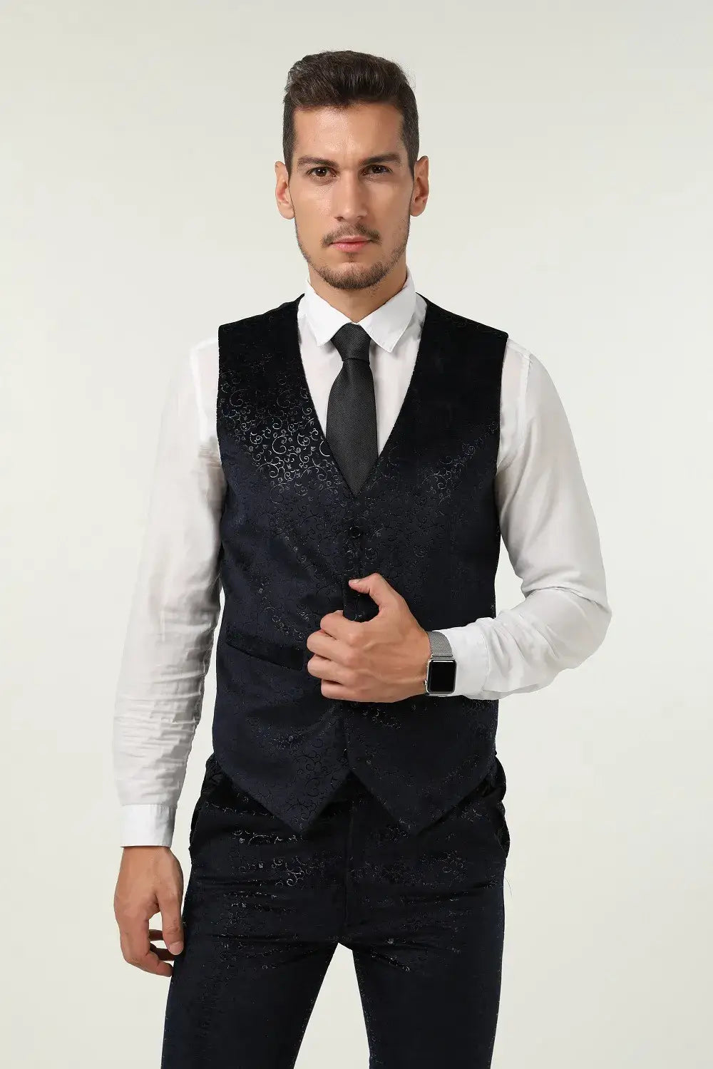 MANSSINO™ | Men's Black and Navy Floral Velvet 3-Piece Suit