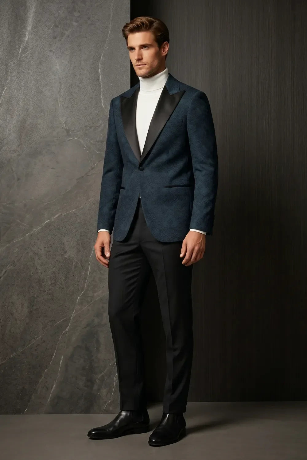 MANSSINO™ | Men's Navy Blue Jacquard Satin Peak Lapel 2-Piece Tuxedo Suit