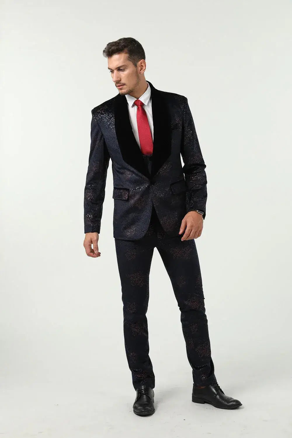 MANSSINO™ | Men's Navy Patterned Velvet 3-Piece Suit