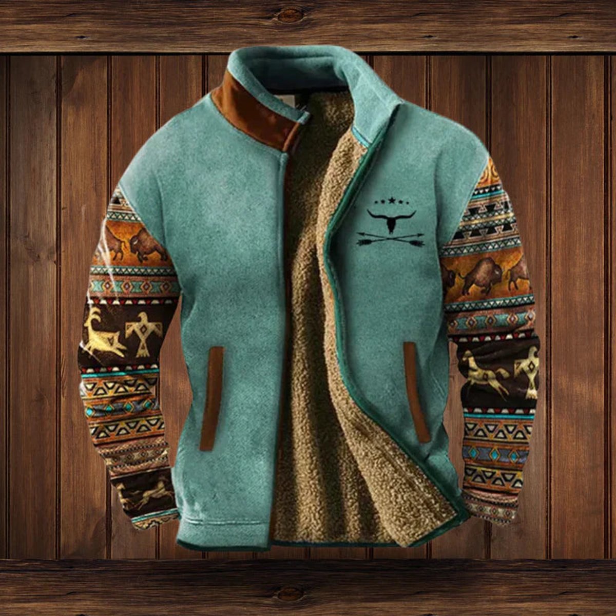 MANSSINO™ | Cardigan Sherpa-Lined Aztec Print Full-Zip Fleece Jacket