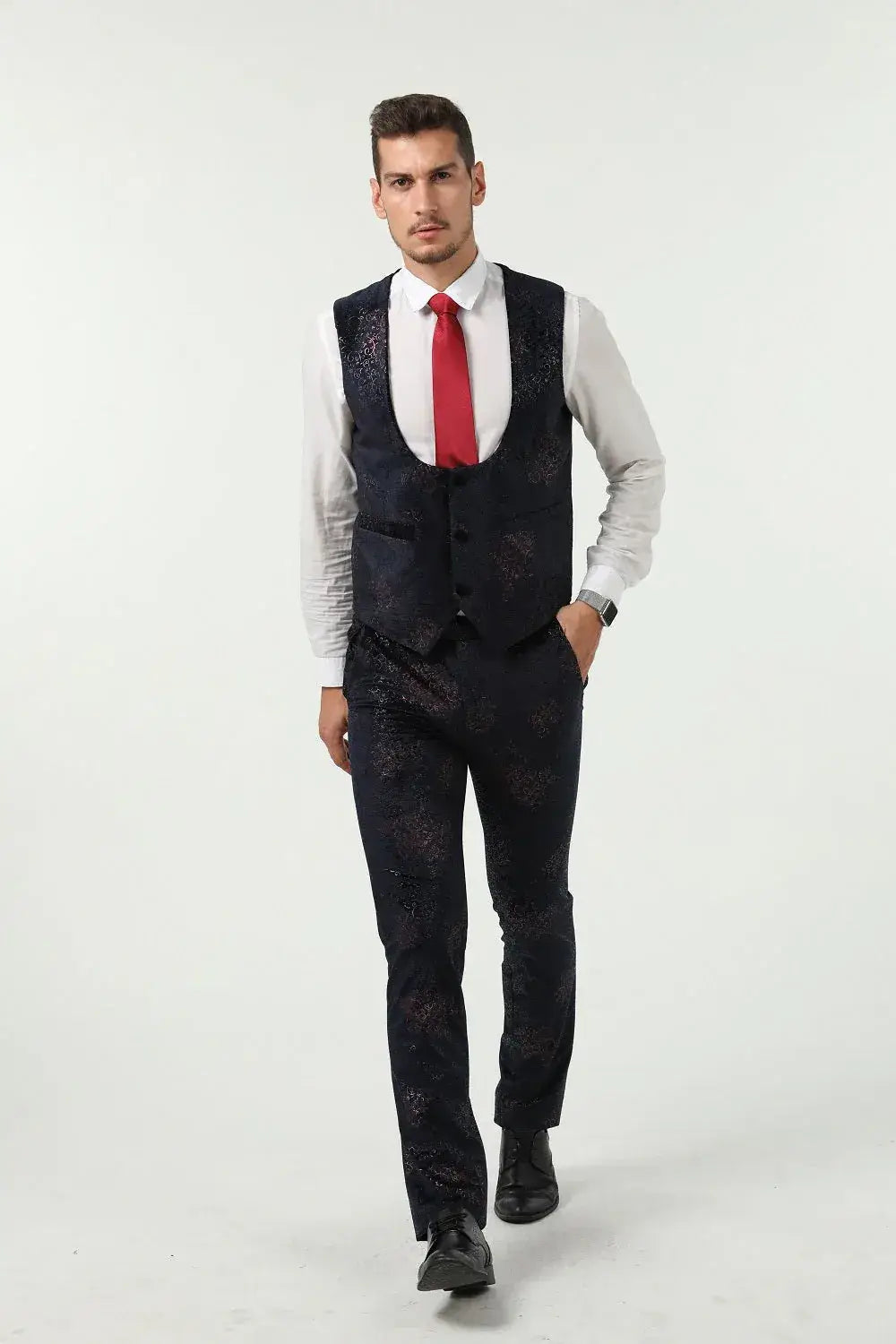 MANSSINO™ | Men's Navy Patterned Velvet 3-Piece Suit