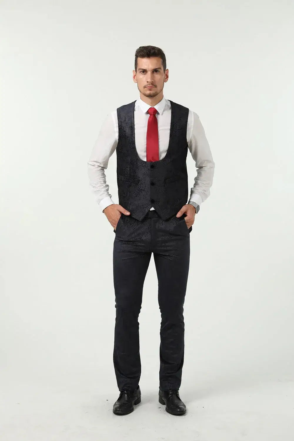 MANSSINO™ | Men's Navy Patterned Velvet 3-Piece Suit