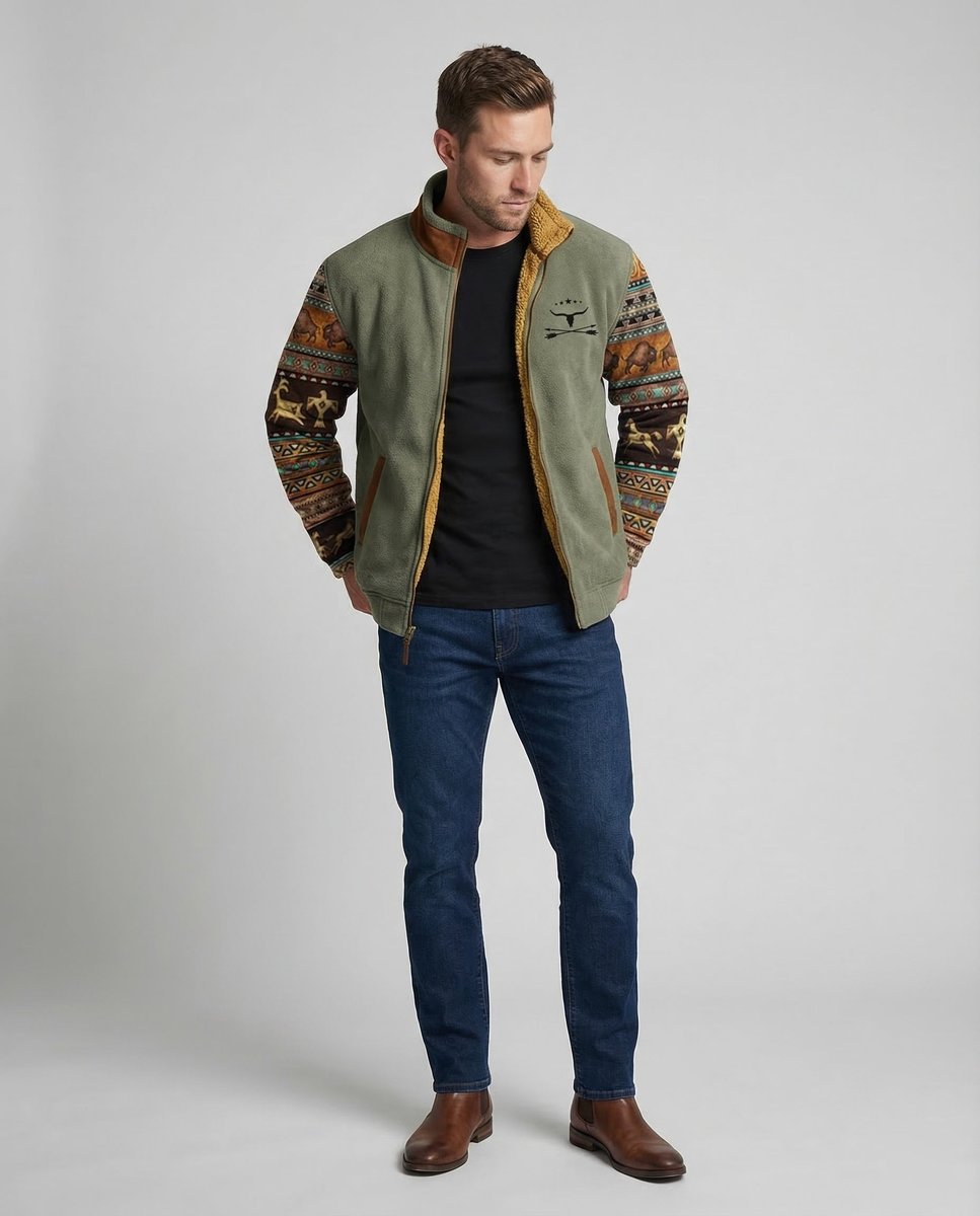 MANSSINO™ | Sherpa-Lined Full-Zip Jacket with Southwestern Print Sleeves