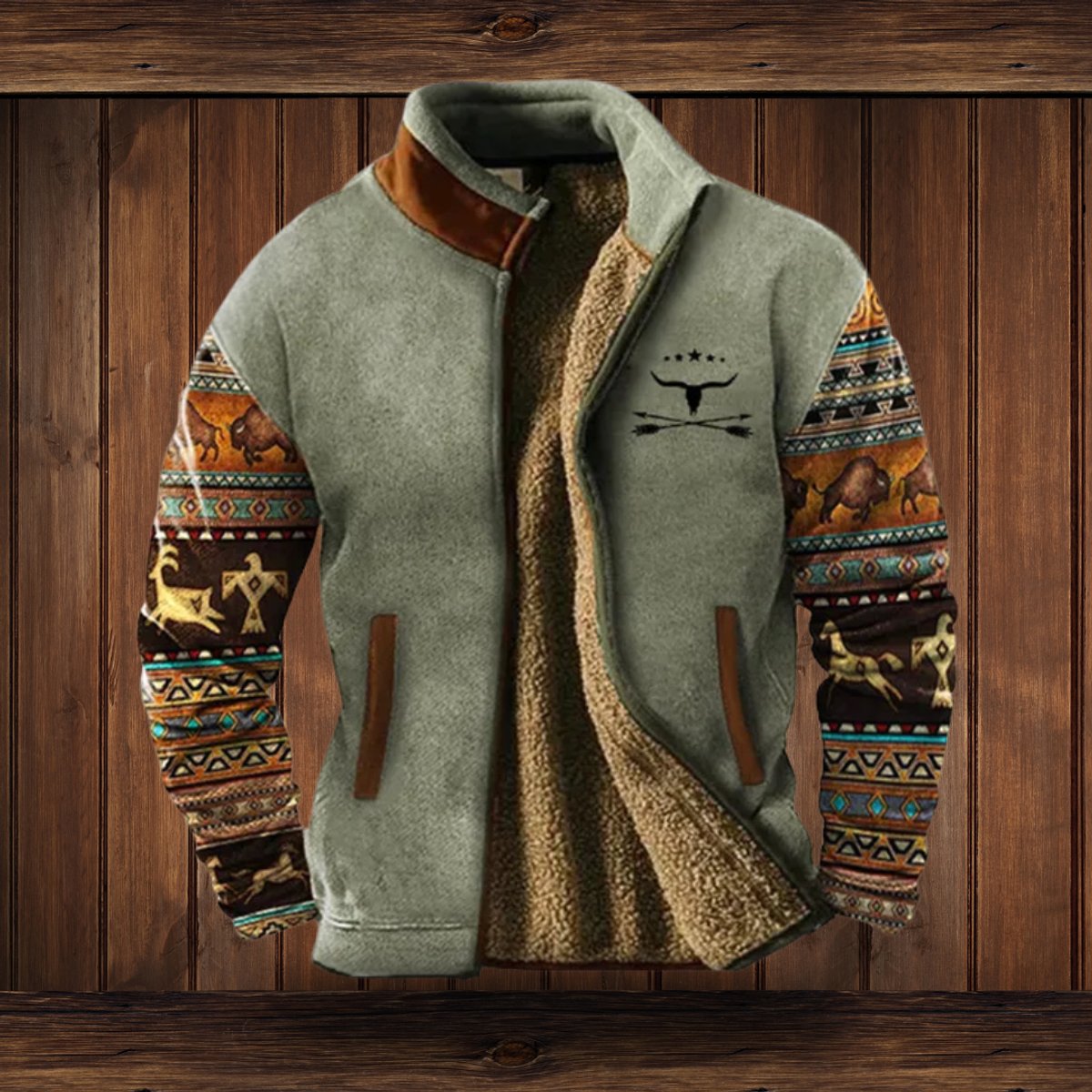 MANSSINO™ | Sherpa-Lined Full-Zip Jacket with Southwestern Print Sleeves