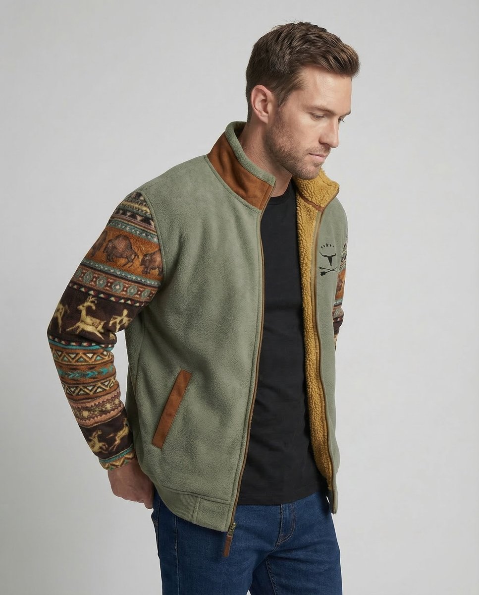 MANSSINO™ | Sherpa-Lined Full-Zip Jacket with Southwestern Print Sleeves