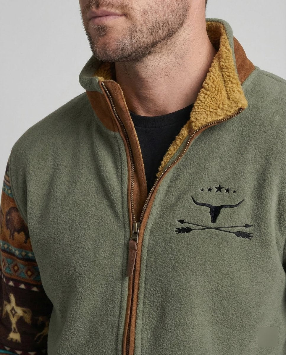 MANSSINO™ | Sherpa-Lined Full-Zip Jacket with Southwestern Print Sleeves