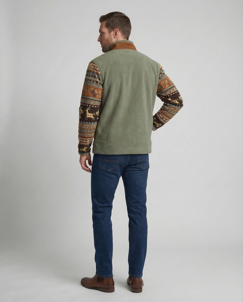MANSSINO™ | Sherpa-Lined Full-Zip Jacket with Southwestern Print Sleeves