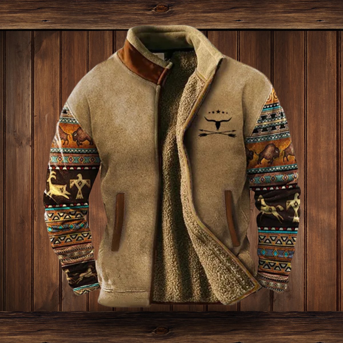 MANSSINO™ | Sherpa-Lined Full-Zip Jacket with Southwestern Print Sleeves