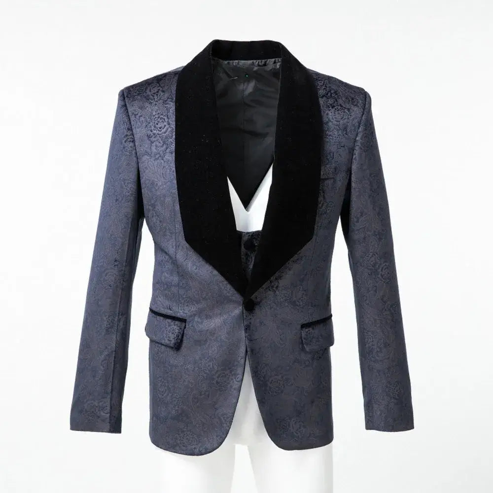 MANSSINO™ | Men's Navy Patterned Velvet 3-Piece Suit
