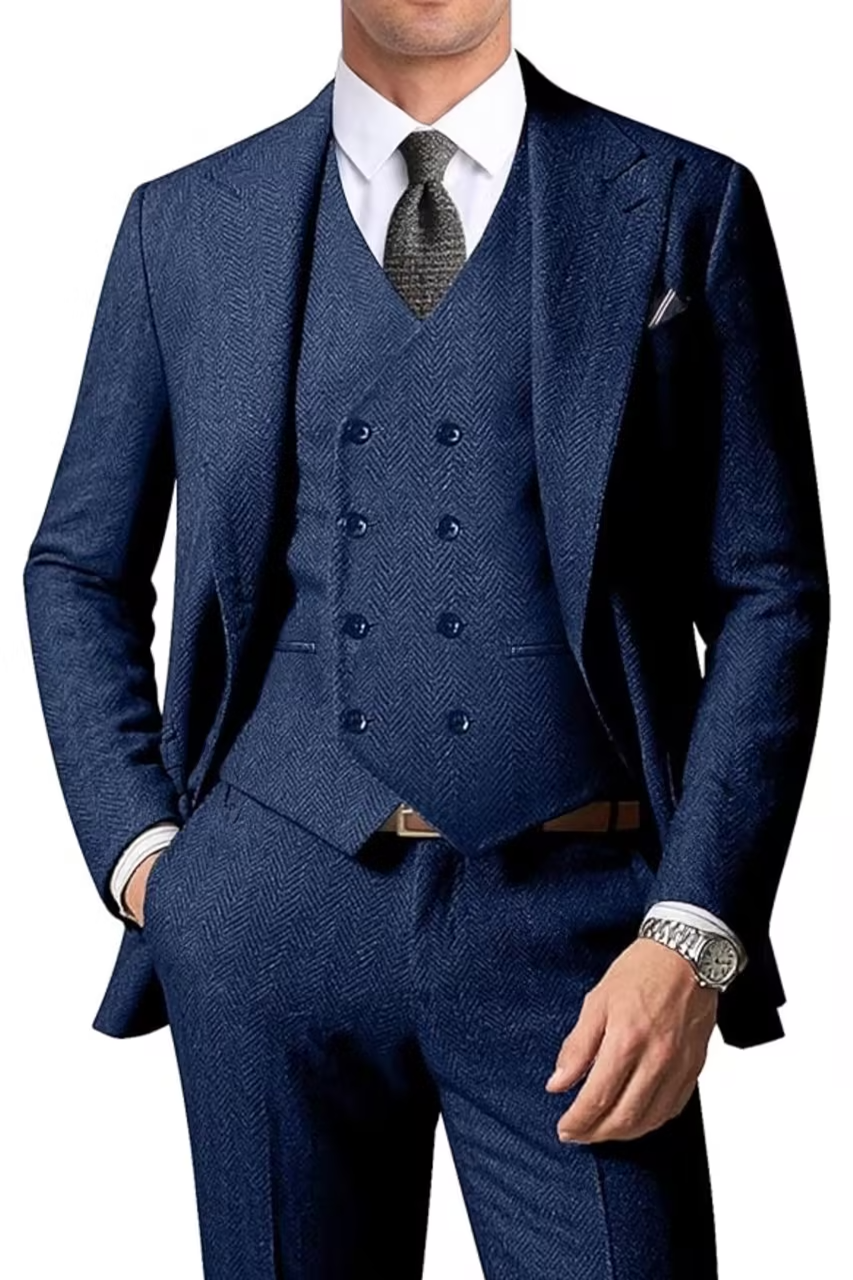 MANSSINO™ | Men's Double-Breasted Herringbone 3-Piece Suit Vest