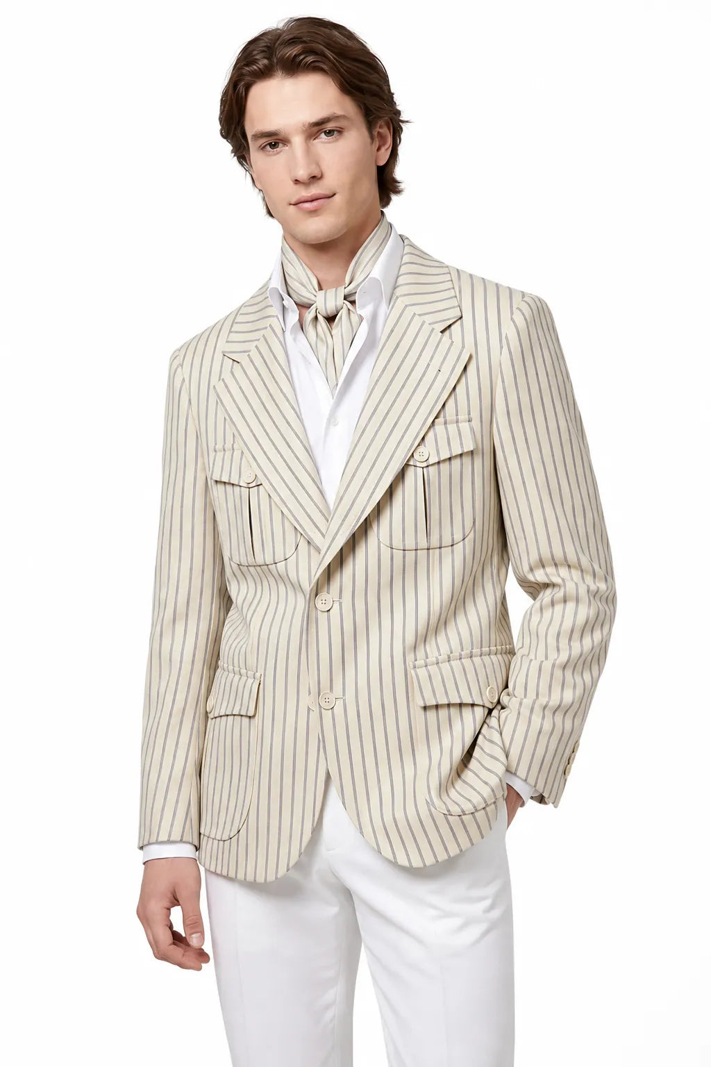 MANSSINO™ | Men's Modern Beige Pinstriped 2-Piece Suit