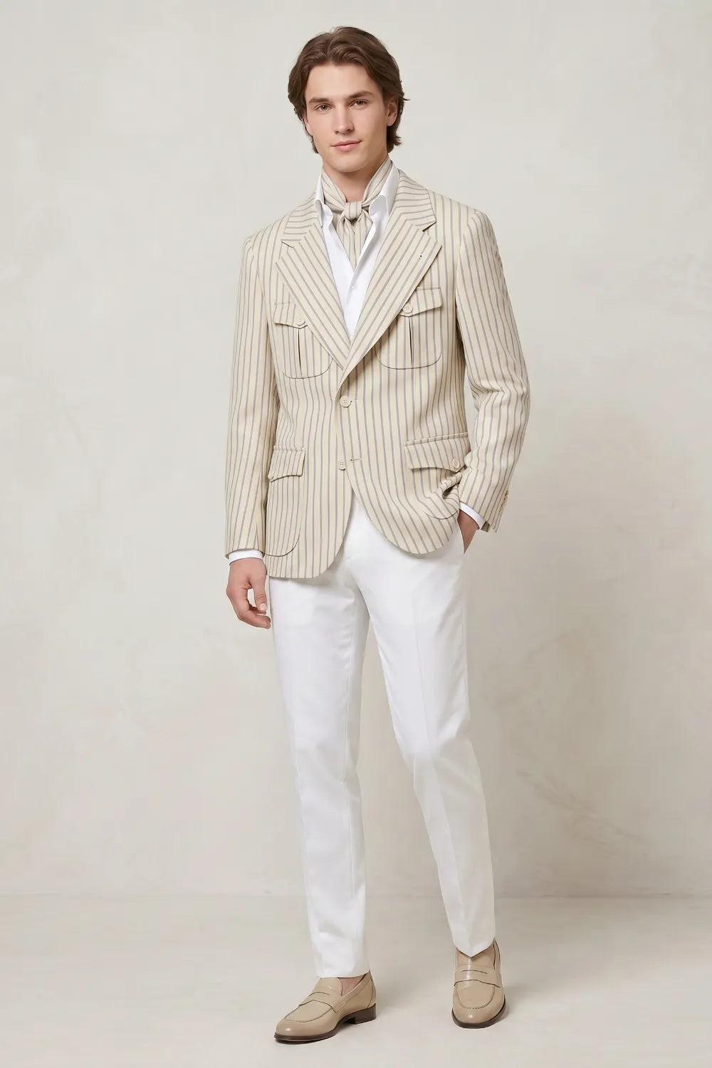MANSSINO™ | Men's Modern Beige Pinstriped 2-Piece Suit