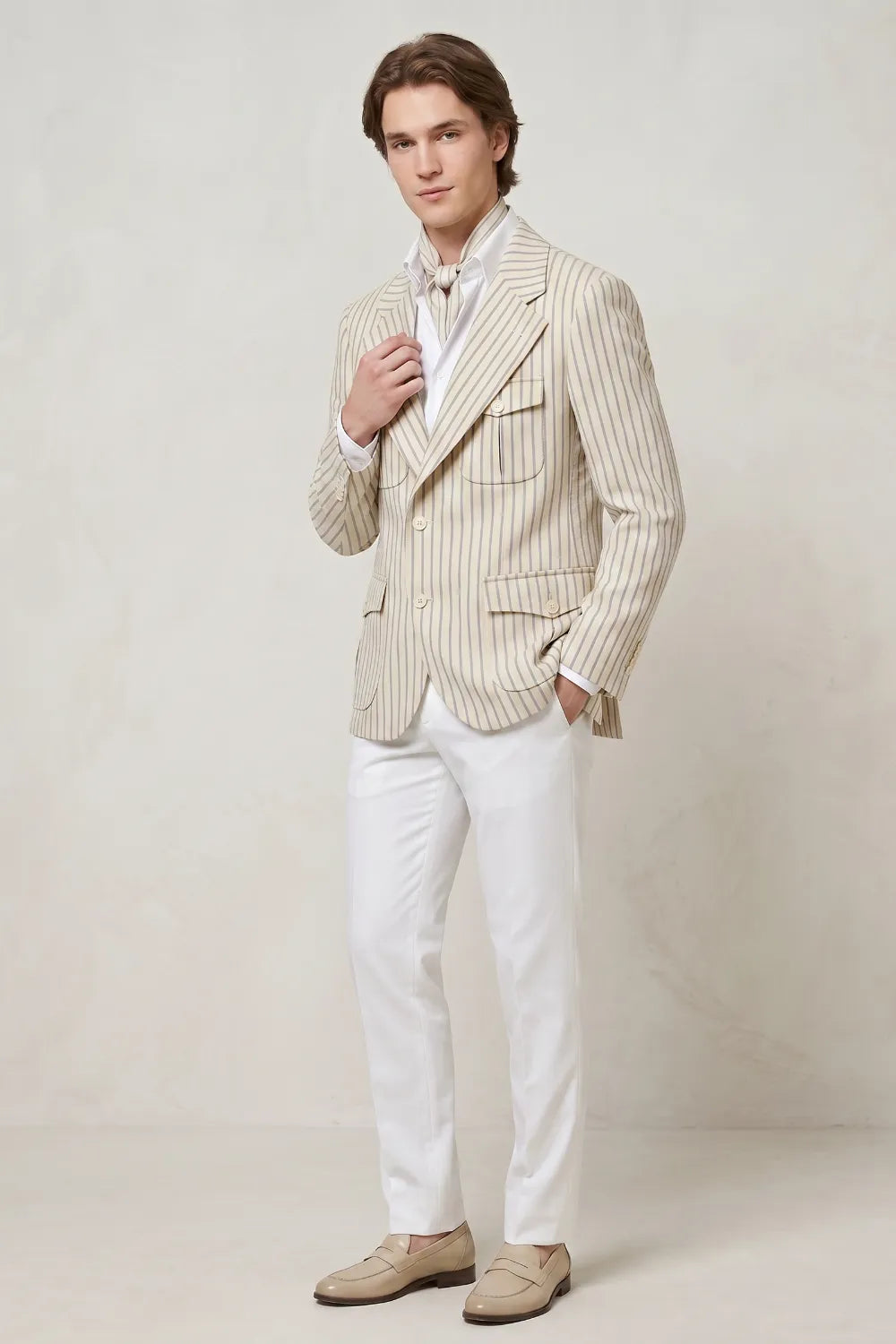 MANSSINO™ | Men's Modern Beige Pinstriped 2-Piece Suit