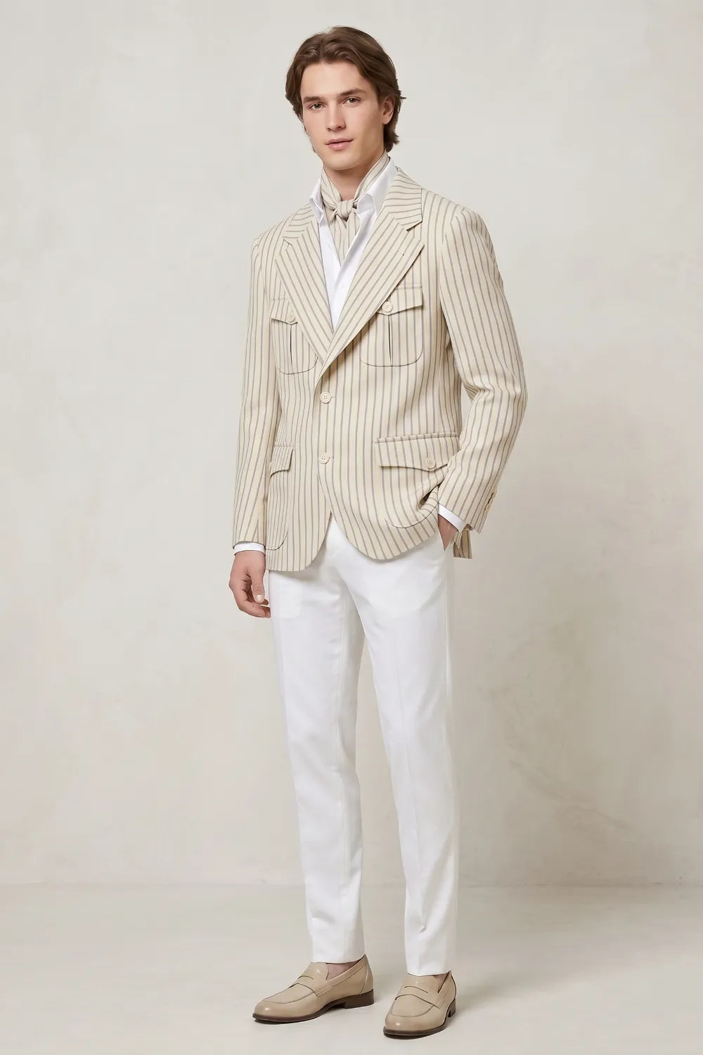 MANSSINO™ | Men's Modern Beige Pinstriped 2-Piece Suit