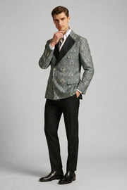 MANSSINO™ | Men's Grey Green Ornate Jacquard Double-Breasted 2-Piece Suit