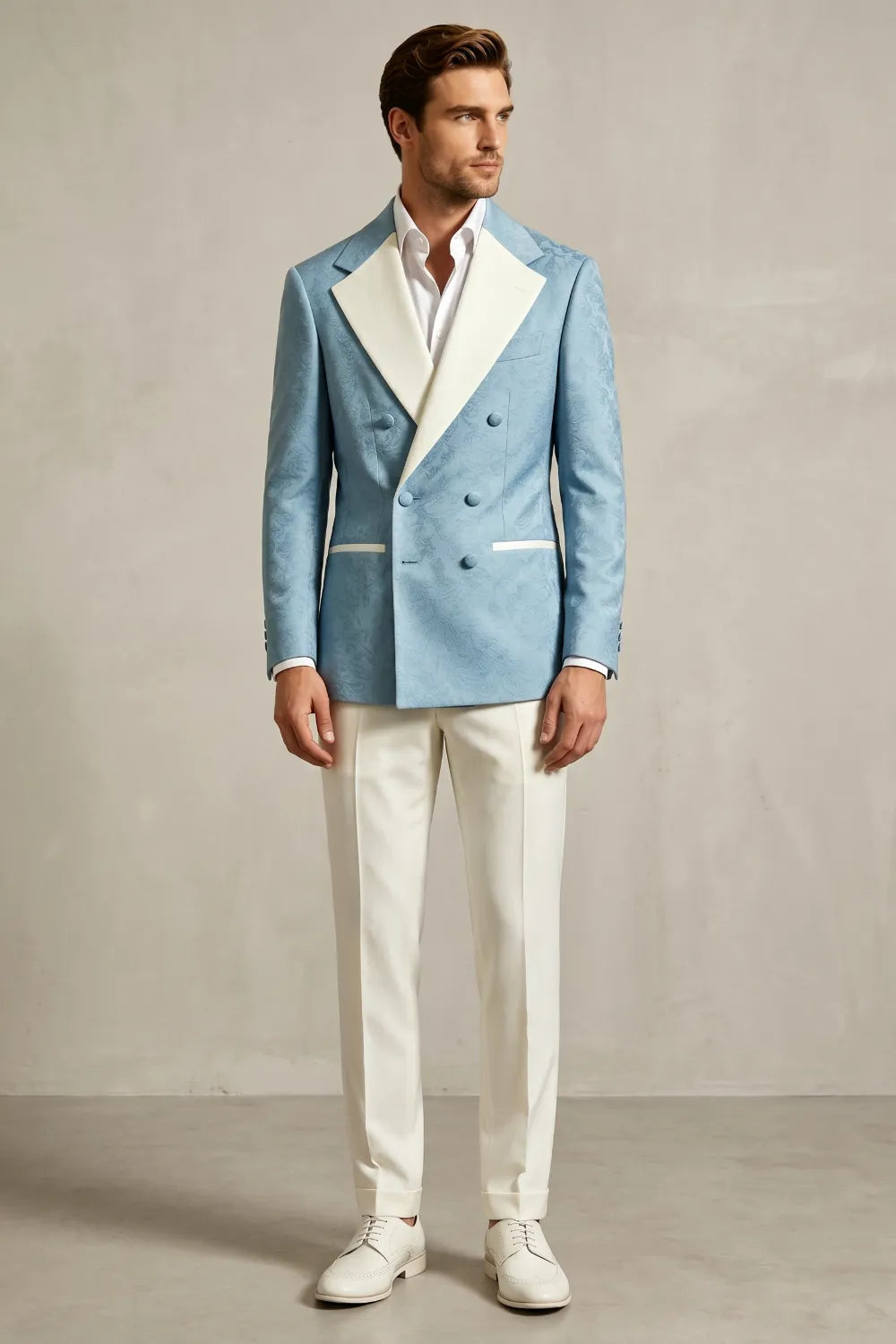MANSSINO™ | Men's Light Blue Double Breasted Jacquard 2-Piece Suit