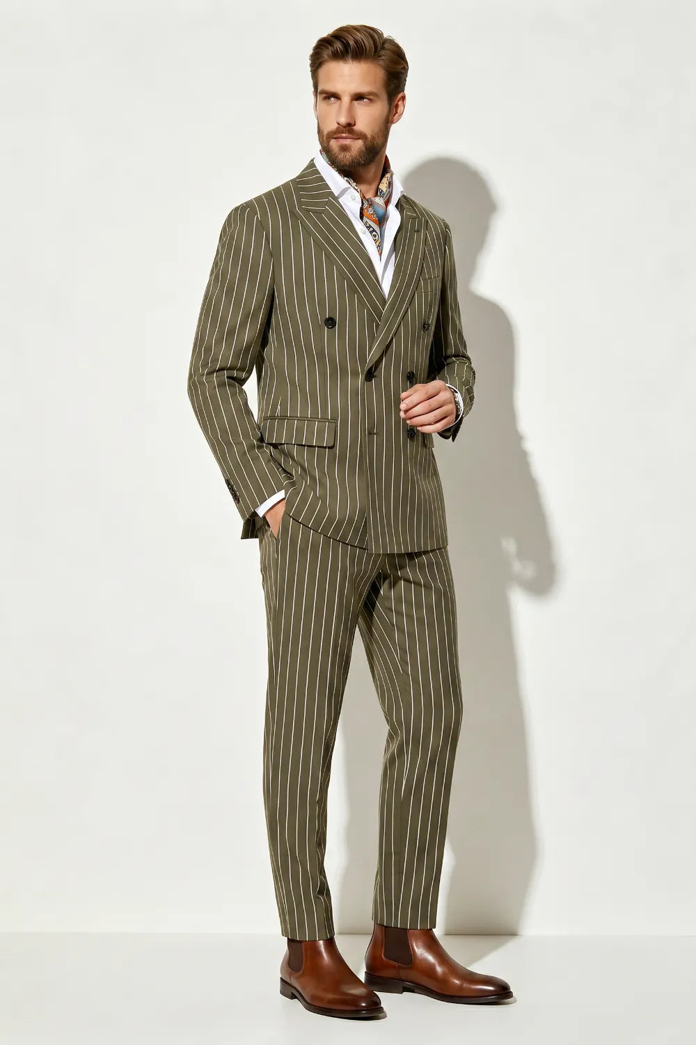 MANSSINO™ | Men's Olive Pinstripe Double-Breasted 2-Piece Suit