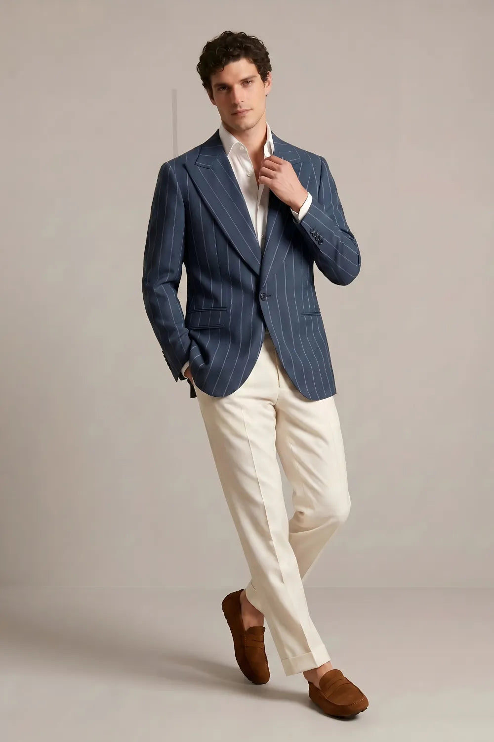 MANSSINO™ | Men's Dark Blue Pinstripe Wide Peak Lapel 2-Piece Suit