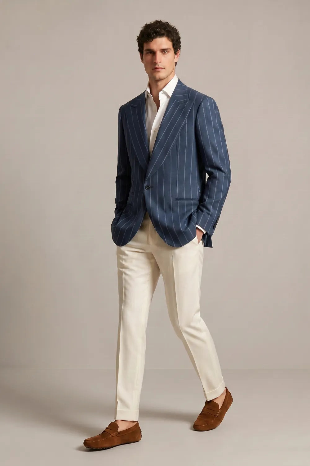MANSSINO™ | Men's Dark Blue Pinstripe Wide Peak Lapel 2-Piece Suit