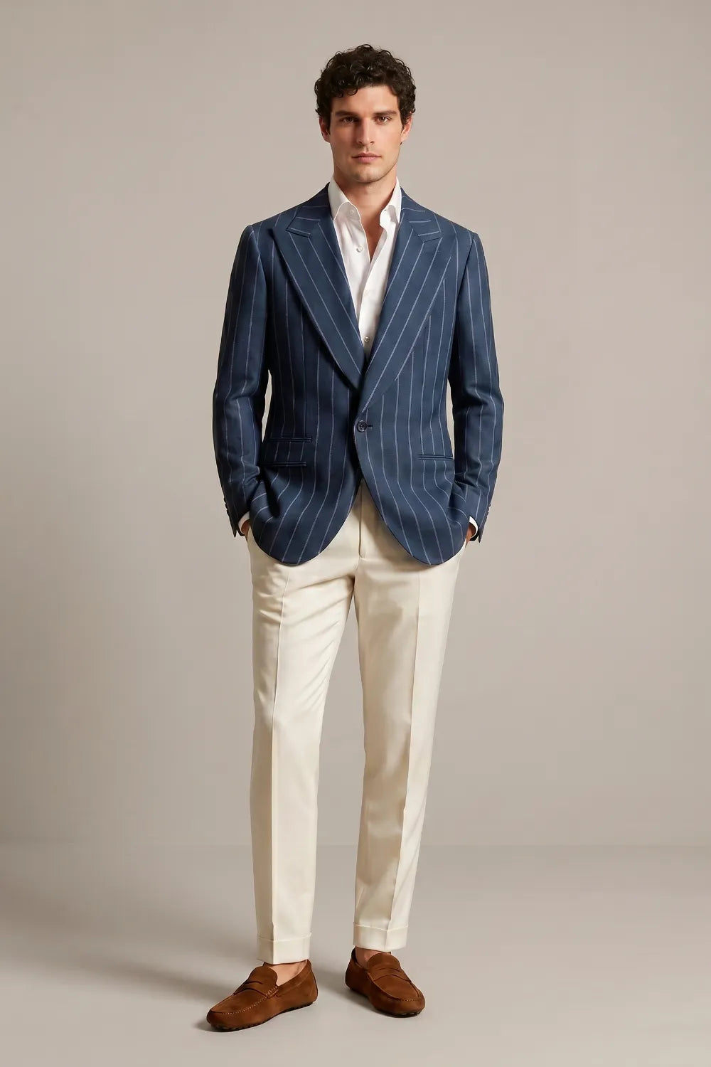 MANSSINO™ | Men's Dark Blue Pinstripe Wide Peak Lapel 2-Piece Suit
