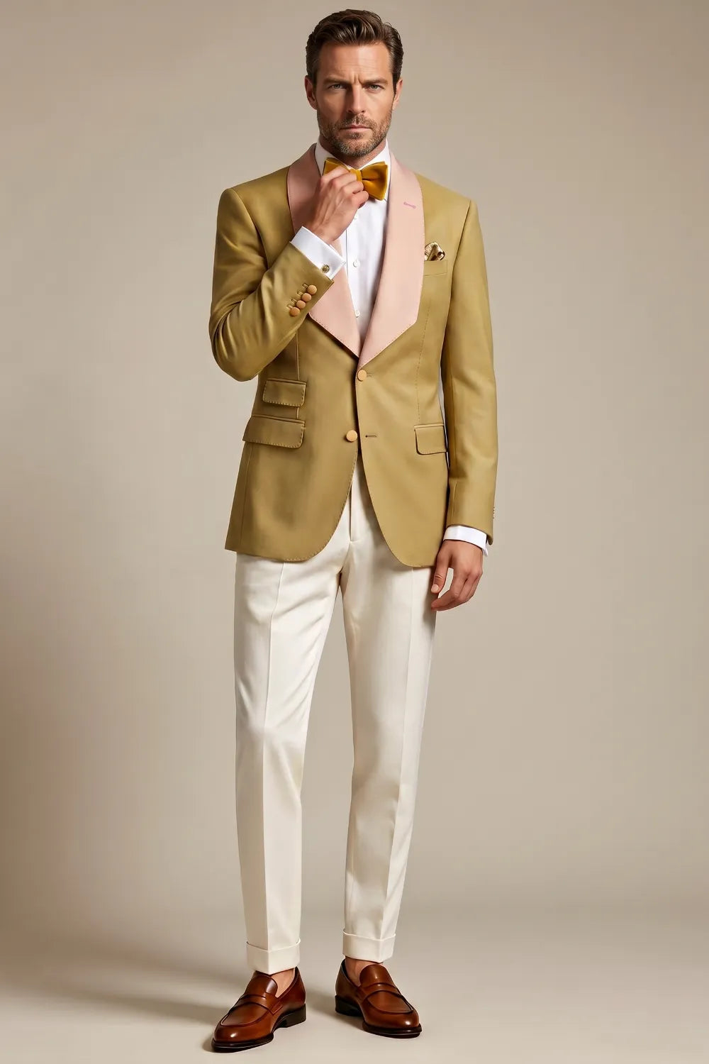 MANSSINO™ | Men's Gold And Pink Shawl Lapel 2-Piece Tuxedo Suit