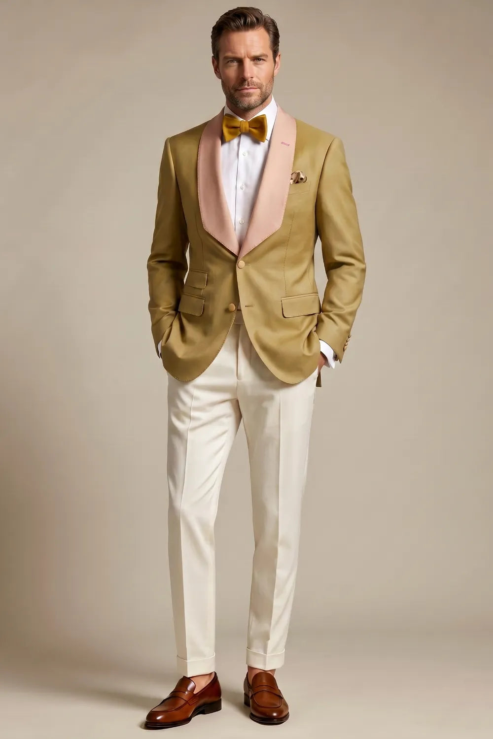 MANSSINO™ | Men's Gold And Pink Shawl Lapel 2-Piece Tuxedo Suit