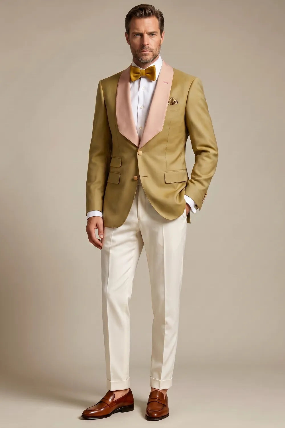 MANSSINO™ | Men's Gold And Pink Shawl Lapel 2-Piece Tuxedo Suit