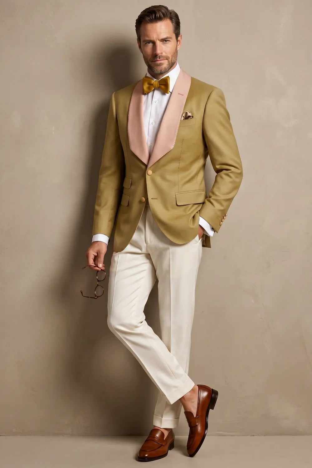 MANSSINO™ | Men's Gold And Pink Shawl Lapel 2-Piece Tuxedo Suit