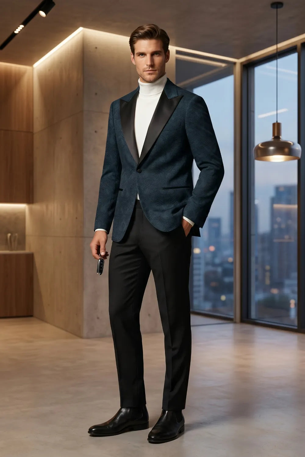 MANSSINO™ | Men's Navy Blue Jacquard Satin Peak Lapel 2-Piece Tuxedo Suit