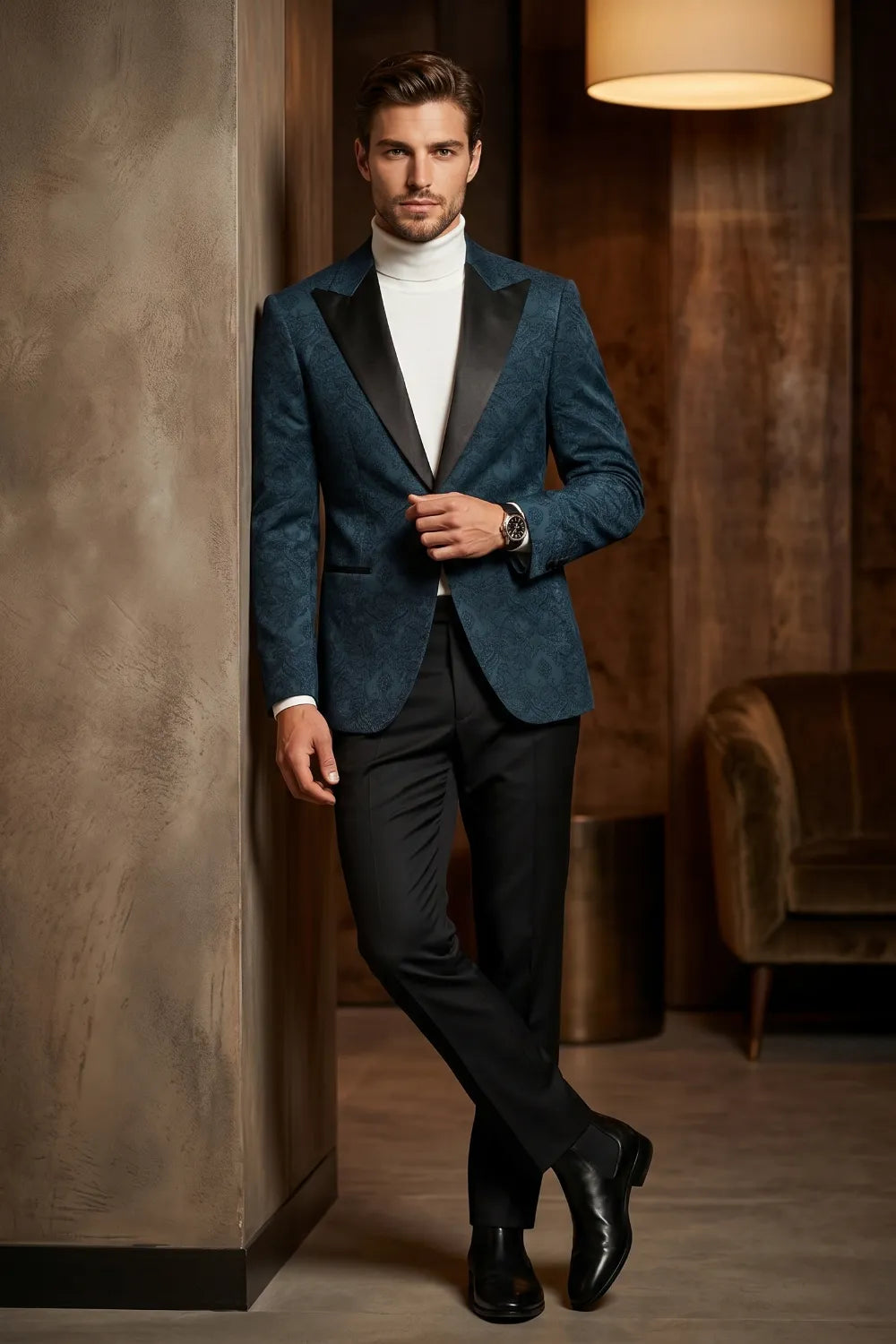 MANSSINO™ | Men's Navy Blue Jacquard Satin Peak Lapel 2-Piece Tuxedo Suit