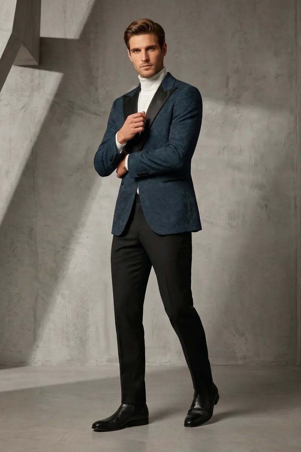 MANSSINO™ | Men's Navy Blue Jacquard Satin Peak Lapel 2-Piece Tuxedo Suit