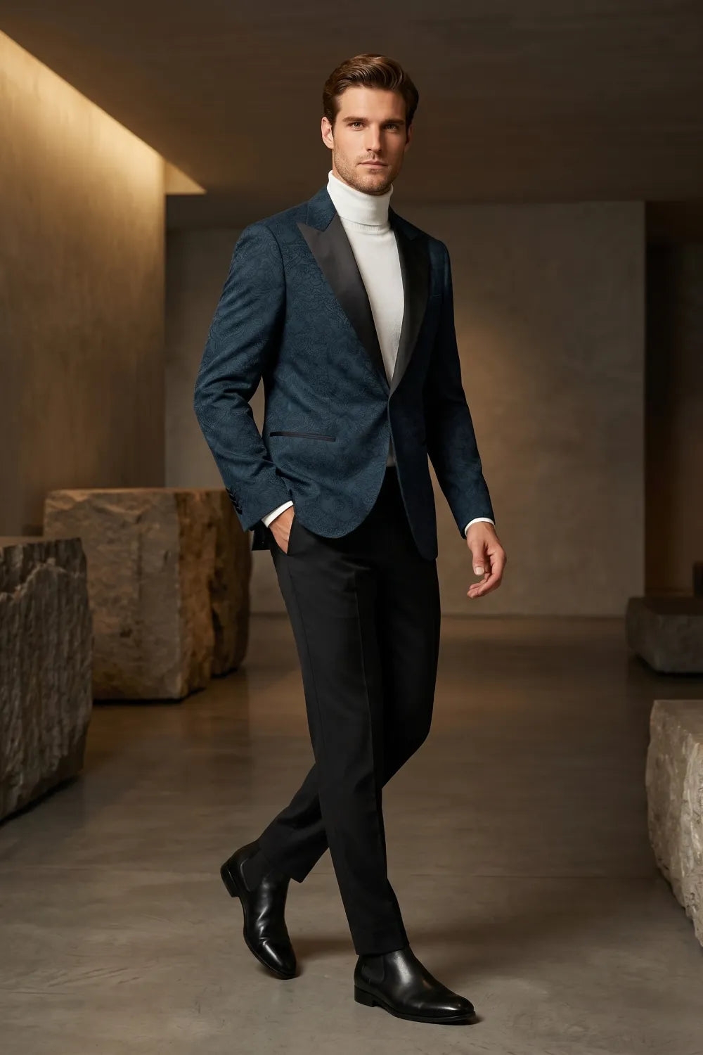 MANSSINO™ | Men's Navy Blue Jacquard Satin Peak Lapel 2-Piece Tuxedo Suit