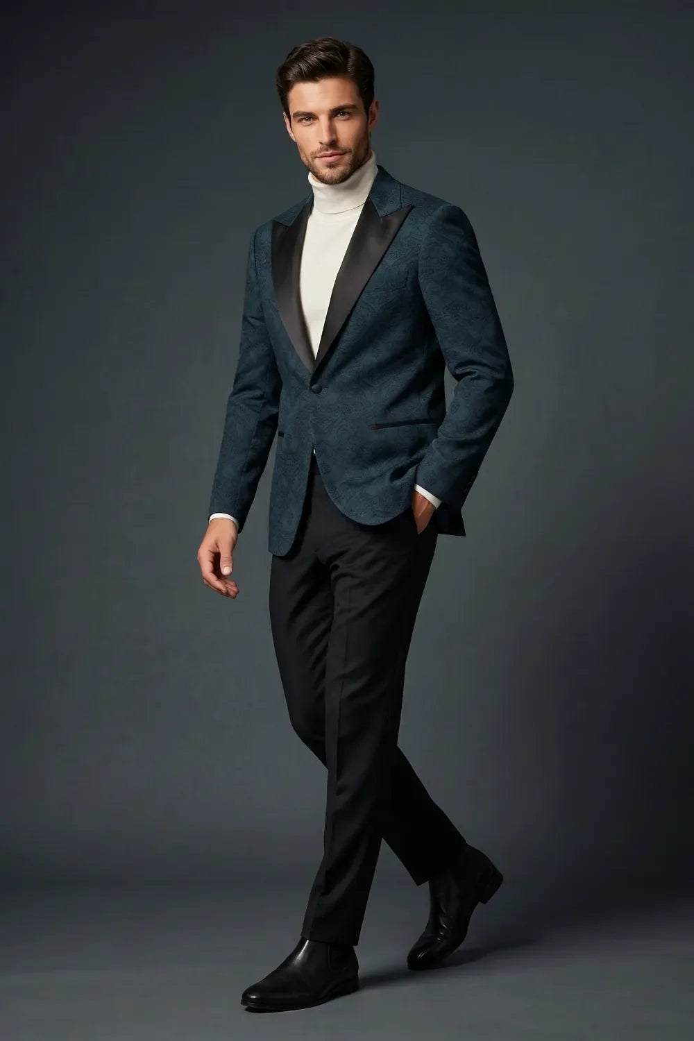 MANSSINO™ | Men's Navy Blue Jacquard Satin Peak Lapel 2-Piece Tuxedo Suit