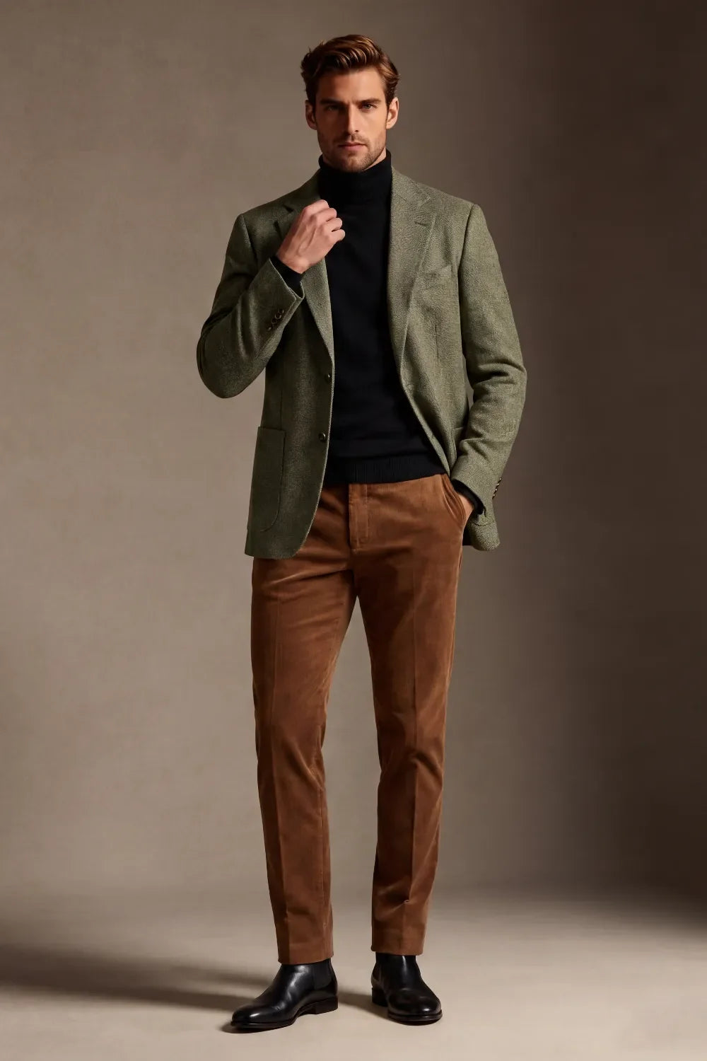 MANSSINO™ | Men's Olive Green Wool Blend Herringbone 2 Piece Suit