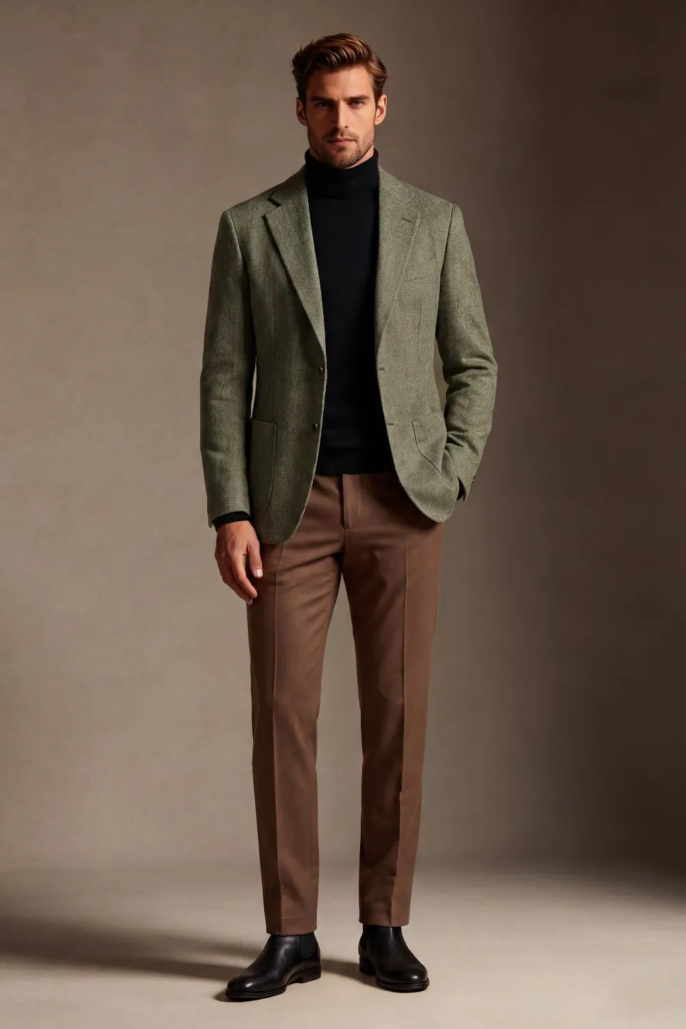 MANSSINO™ | Men's Olive Green Wool Blend Herringbone 2 Piece Suit