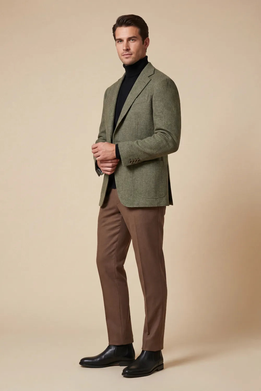MANSSINO™ | Men's Olive Green Wool Blend Herringbone 2 Piece Suit