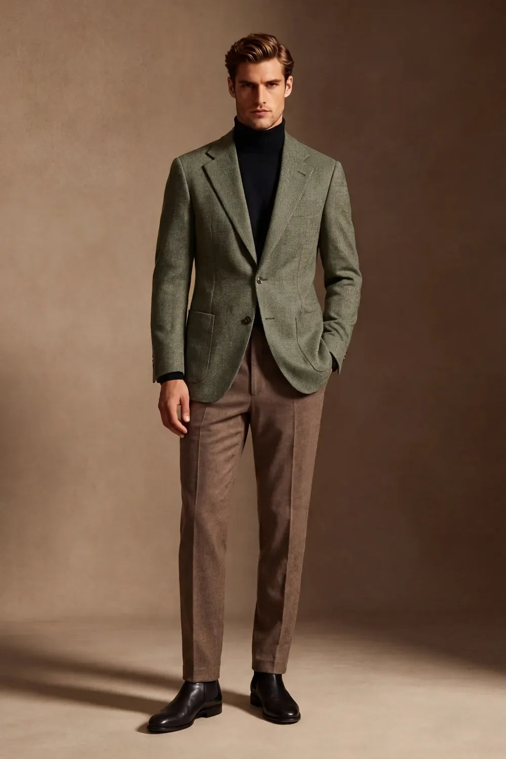 MANSSINO™ | Men's Olive Green Wool Blend Herringbone 2 Piece Suit