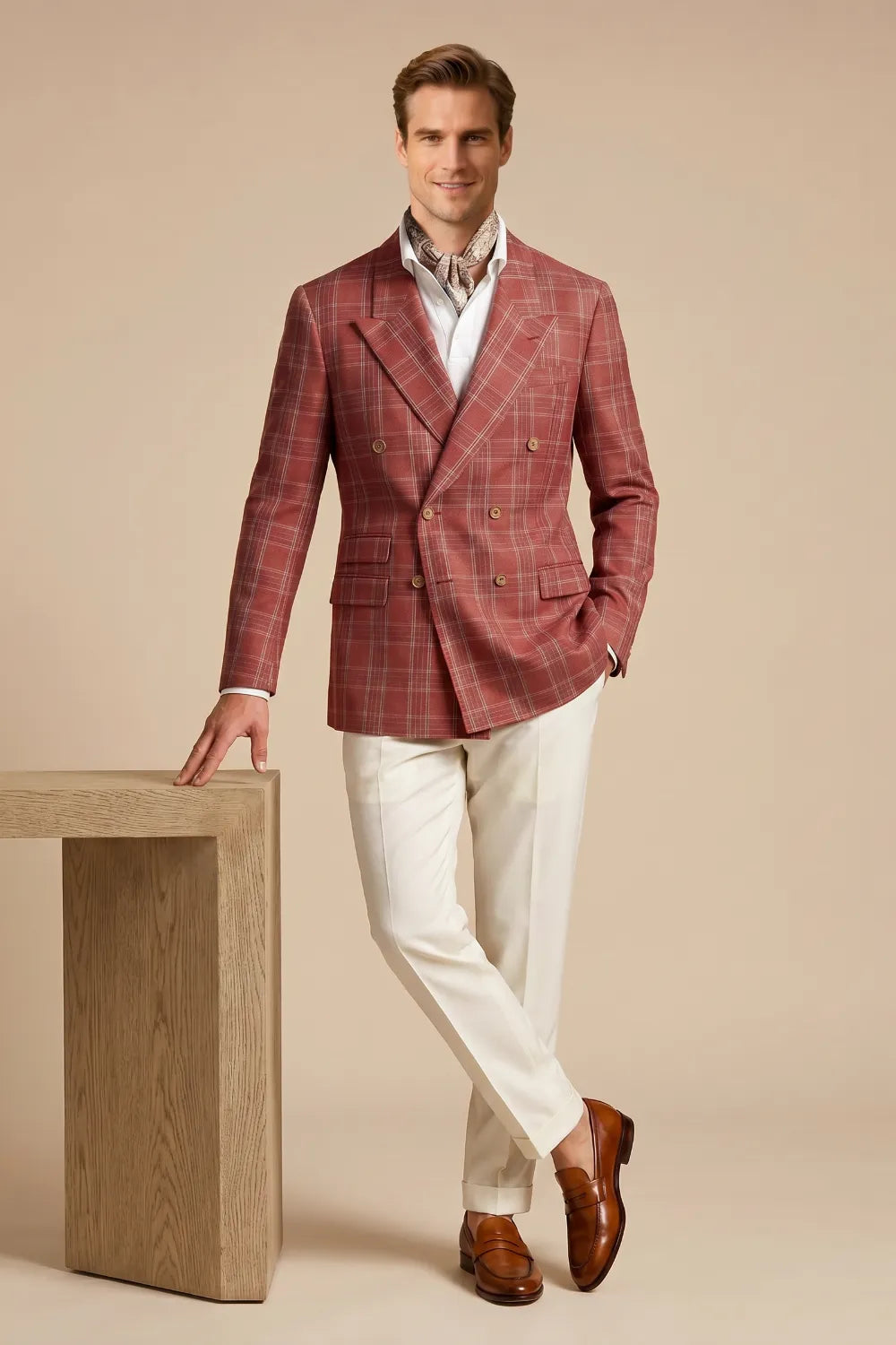 MANSSINO™ | Men's Rust Red Windowpane Double-Breasted 2-Piece Suit
